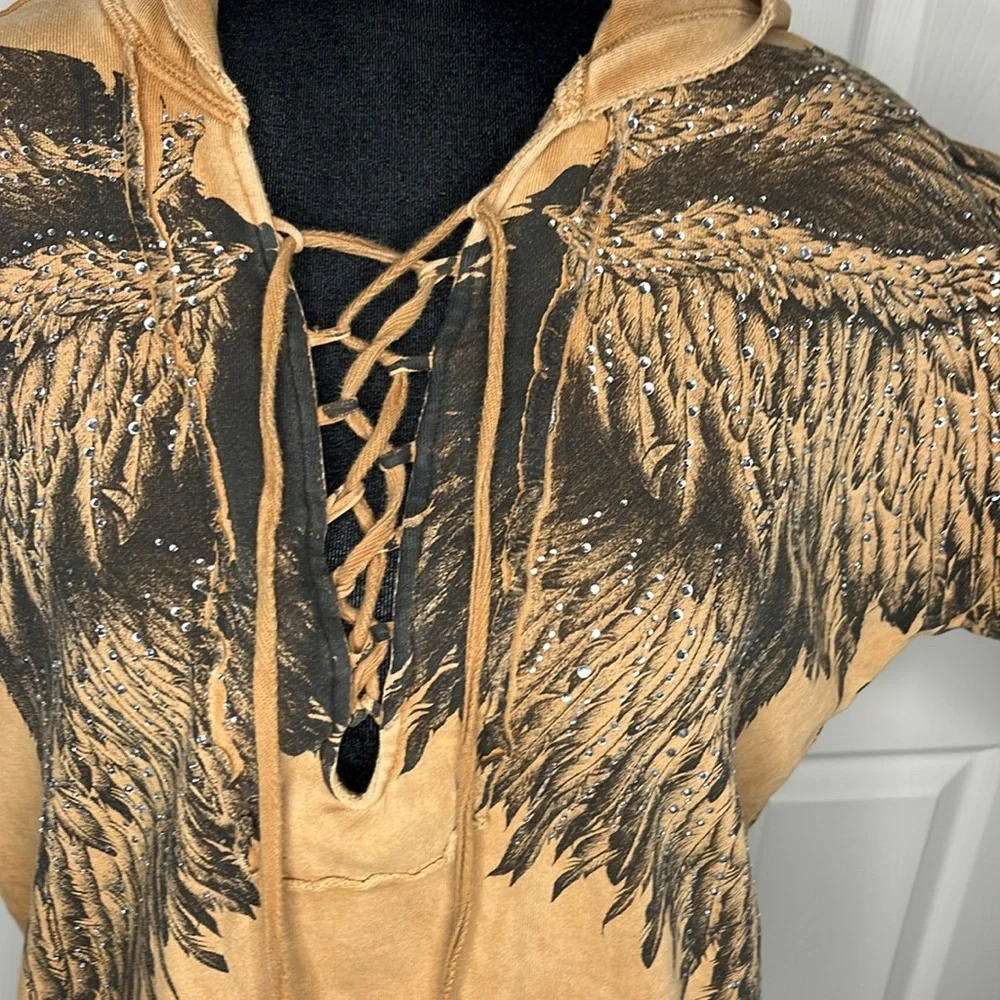 Tan Lace-Up Hoodie with Wing Design - Picture 3 of 5